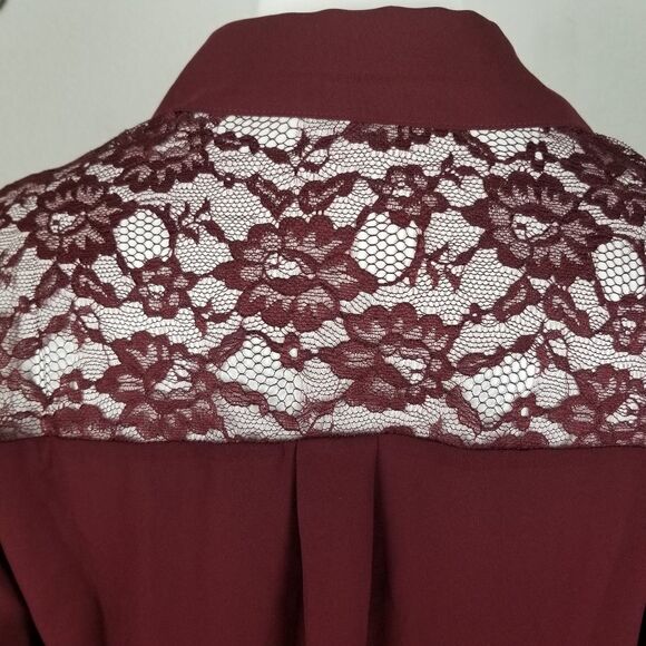 Express Lace Embellished Button Front Maroon Top - Picture 8 of 10